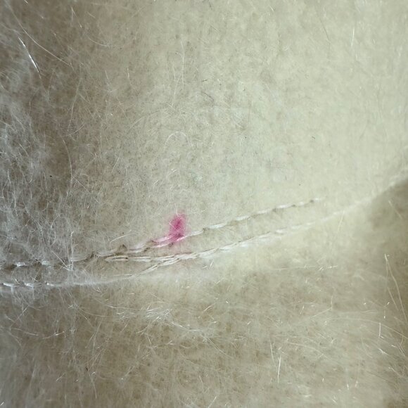 Retro Fuzzy Mohair Hat VTG Winter Rolled Brim Beige Satin Bow Church Derby - Picture 9 of 13